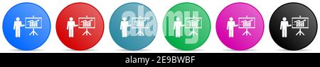 Business training vector icons, set of circle gradient buttons in 6 colors options for webdesign and mobile applications Stock Vector