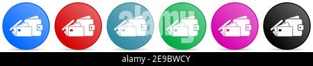 Wallet and credit cards, business vector icons, set of circle gradient buttons in 6 colors options for webdesign and mobile applications Stock Vector