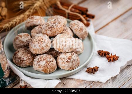 Russian gingerbread cookies on the wooden table Stock Photo