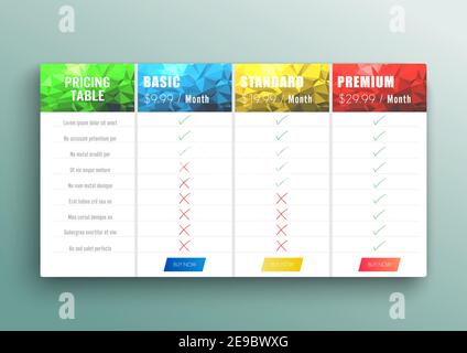 Comparison pricing list. Set offer tariffs. ui ux vector banner for web app. set pricing table, order, box, button. Comparing price or product Stock Vector