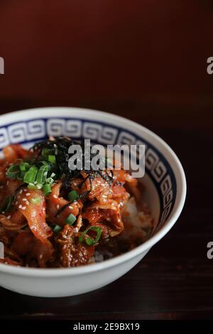 pork with kimchi on rice japanese food Stock Photo