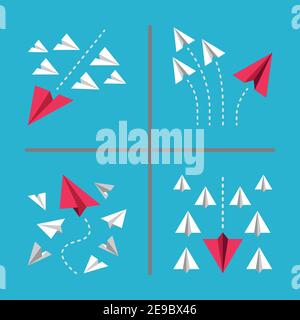 red paper plane flying in different way,business concept,paper plane conceptual illustration Stock Vector