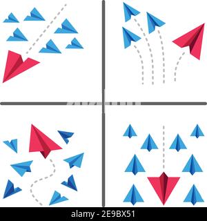 red paper plane flying in different way,business concept,paper plane conceptual illustration and vector set Stock Vector