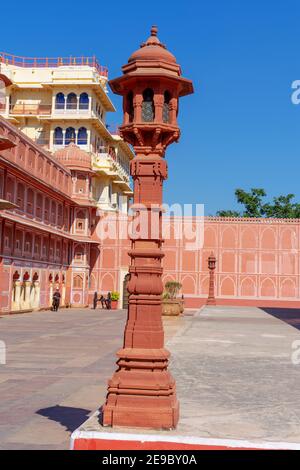 Famous amber fort facing Pink city in the state of Rajasthan, india. Lamp post made from clay and stones. Stock Photo