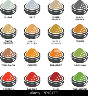 seasoning,condiment powder icon set,vector and illustration Stock Vector