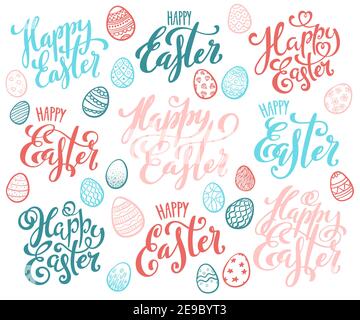 Set of hand drawn calligraphy for Happy Easter. Decorative easter eggs with pattern. Vector illustration. Stock Vector