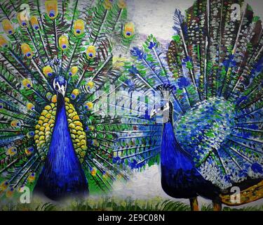 Original oil painting cute peacock bird and peafowl Stock Photo