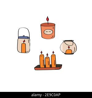 Candle hand drawn set. Interior cozy elements. Flat doodle vector illustration Stock Vector