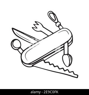 Hand drawn vector icon of small camping travel jackknife. Tourist equipment. Steel pocket knife with folding blade. Stock Vector