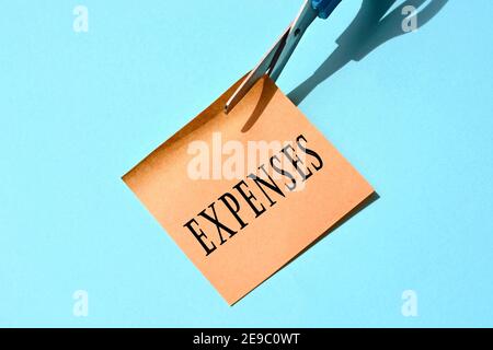 Scissors that cut yellow notepad with expenses text on a blue background. Stock Photo