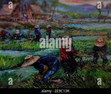 Art painting oil color Thailand Grow rice , Transplant rice seedlings , rural life , rural thailand Stock Photo