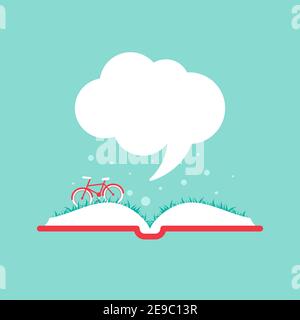 Open book with grass, bike and speech bubble. Isolated on blue background. Vector flat illustration. Imagination and fantasy. Creative education. quot Stock Vector