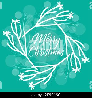 Modern Christmas decoration wreath with Merry Christmas lettering, Green minimal Christmas traditional vector illustration Stock Vector