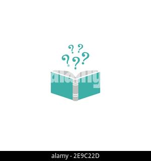 Open book with blue book cover and question marks. Isolated on white background. Flat vector reading icon. Unknown book pictogram. Ask symbol. Curiosi Stock Vector