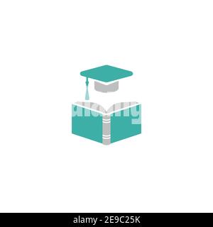blue open book with graduation cap or mortar board. Isolated on white background. Flat reading icon. Vector illustration. Education logo. Knowledge pi Stock Vector
