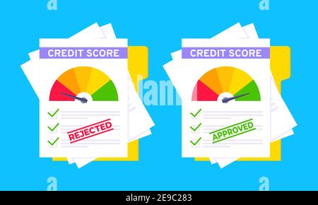 Rejected and approved credit score gauge speedometer indicator color levels on paper sheets set. Measurement from poor to excellent rating for credit Stock Vector