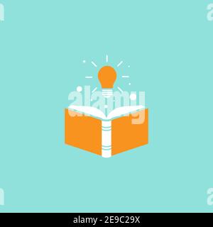Open book with shining bulb flying out. Flat icon isolated on powder blue background. Flat icon. Vector illustration. Idea logo. Inspiration pictogram Stock Vector