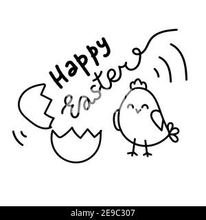 Doodle cute chicken with hand drawn lettering Happy Easter. greeting card design template with bright sketchy character. Hand drawn vector illustratio Stock Vector