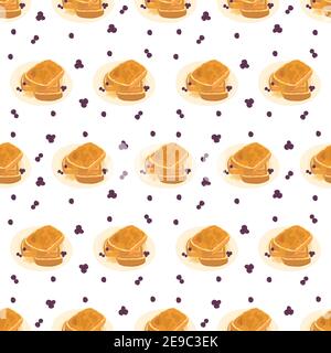 Illustration with french toast and blueberry seamless pattern. Hand drawing wallpaper. Decorative print for wrapping paper, textile, fabric. Stock Vector