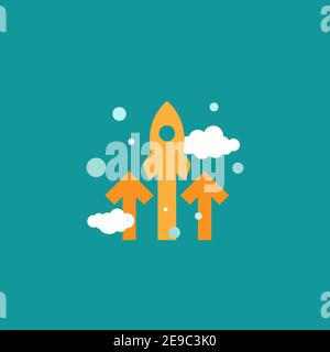 three red arrows up with rocket and clouds on blue background. Launch, upgraid icon. Creative project start, business advance, breakthrough sign. Fast Stock Vector