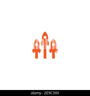 three red arrows up with rocket icon. Isolated on white. Launch icon. Upgrade sign. Fast growth symbol. Speed, grow up, increase Stock Vector