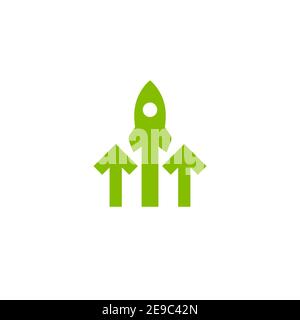 three green arrows up with rocket icon. Isolated on white. Launch icon. Upgrade sign. Fast growth symbol. Speed, grow up, increase Stock Vector