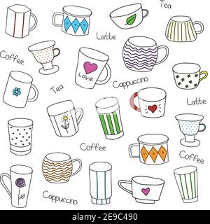 Seamless pattern with silhouette tea cups, coffee cups, mugs - vector. Stock Vector