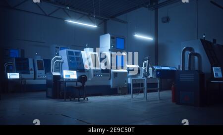 High-Tech Automated Modern Facility working with Artifical Intelligence. Contemporary CNC Machinery, Robot Arm Working. High-End CNC Machinery and Stock Photo