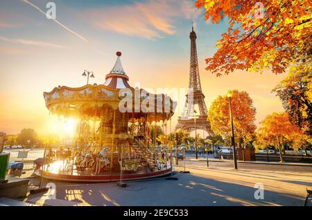 Carousel in park near the Eiffel tower in Paris.