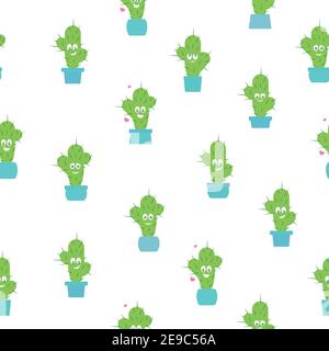 Green cute cartoon cactus with emotional faces in blue pots. Vector illustration isolated on white. Print pin, badge. Can be used for cards, invitatio Stock Vector
