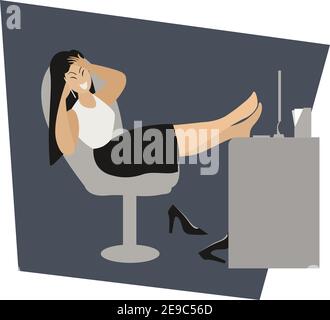 Business woman sitting in the office, talking on the phone and laughing. Girl took off her shoes and put her legs on the table. Stock Vector