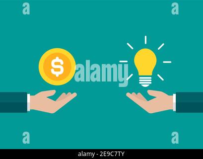 businessman hands with yellow shining bulb and money. Vector flat illustration on blue. Ideas exchange, buy. Financial success, salary, investment, di Stock Vector