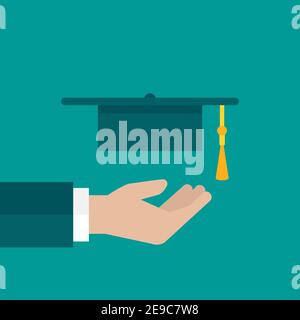 Businessman hand with mortar board isolated on blue. Flat icon. Vector graduation cap illustration. Education, study, advanced training. Knowledge, ex Stock Vector