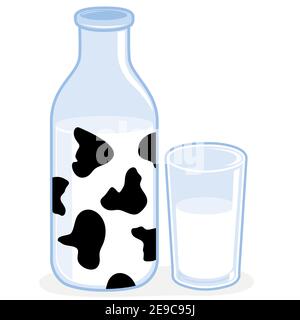 A milk bottle and a served glass of milk. Stock Photo