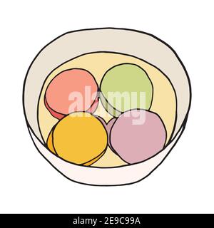 Hand drawn doodle tangyuan. Chinese cuisine dish. Design sketch element for menu cafe, restaurant, label and packaging. Vector colorful illustration o Stock Vector