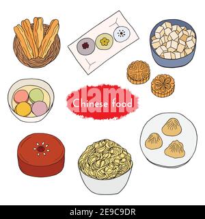 Hand drawn set of Chinese cuisine with noodle, mapo tofu, niangao, dumplings, tangyuan, hee pan, youtiao, mooncake. Design element for menu cafe, bist Stock Vector