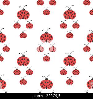 Seamless ladybug family walking ornament. red and black Ladybugs on white background. Bright summer vector pattern. Paper or fabric print. Stock Vector