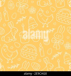 Cute Easter doodle seamless pattern with bunny, basket, easter eggs, cakes, chicken, willow twigs and candles. Vector hand drawn illustration Stock Vector