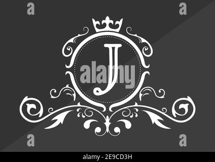 Stylized letter J of the Latin alphabet. Monogram template with ornament and crown for design of ials, business cards, logos, emblems and heraldry. Ve Stock Vector