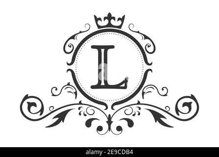 Stylized letter L of the Latin alphabet. Monogram template with ornament and crown for design of ials, business cards, logos, emblems and heraldry. Ve Stock Vector