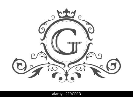 Stylized letter G of the Latin alphabet. Monogram template with ornament and crown for design of ials, business cards, logos, emblems and heraldry. Ve Stock Vector