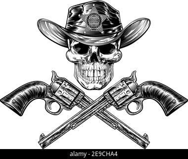 Skull Cowboy Sheriff with Crossed Pistols Stock Vector
