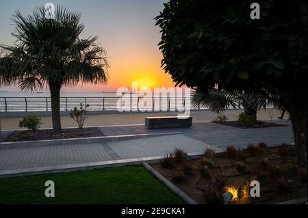 Sunset at Marjan Island in emirate of Ras al Khaimah in the north of the United Arab Emirates Stock Photo