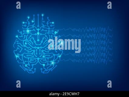 Vector illustration of digital brain circuit and brain waves on blue background. Stock Vector