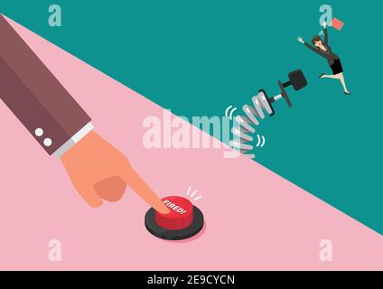 Businessman hand pushing fired button to layoff his female employee. Vector illustration Stock Vector