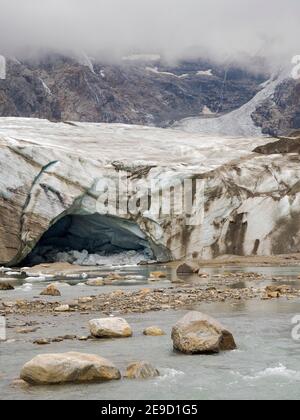 Glacier snout of glacier Pasterze at Mount Grossglockner, which is melting extremely fast due to global warming. Europe, Austria, Carinthia Stock Photo