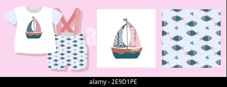 A funny print for baby clothes. Cute pattern with the ocean. T-shirt design. Vector illustration. Ready-made textile design kit. Seamless patterns. Ma Stock Vector