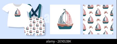 A funny print for baby clothes. Cute pattern with the ocean. T-shirt design. Vector illustration. Ready-made textile design kit. Seamless patterns. Ma Stock Vector