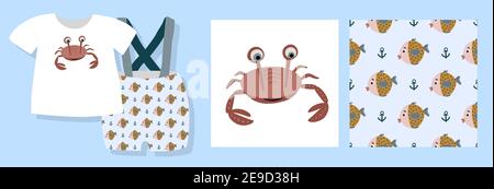 A funny print for baby clothes. Cute pattern with fishes. T-shirt design. Vector illustration. Ready-made textile design kit. Seamless patterns. Marin Stock Vector