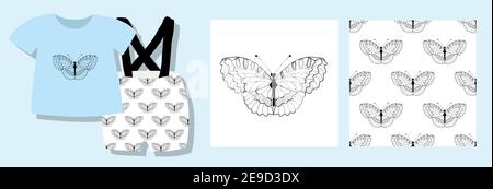 A funny print for baby clothes. Cute pattern with butterflies. T-shirt design. Vector illustration. Ready-made textile design kit. Seamless patterns. Stock Vector